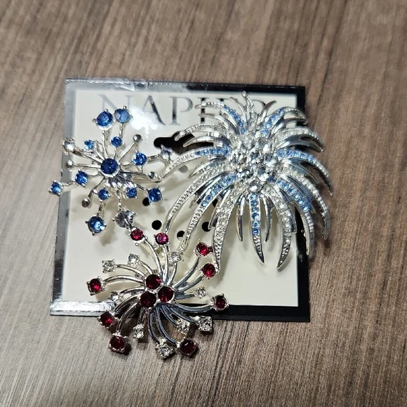 Napier Silver Brooch Firework Brooch with Blue and Red Accents - Picture 3 of 3